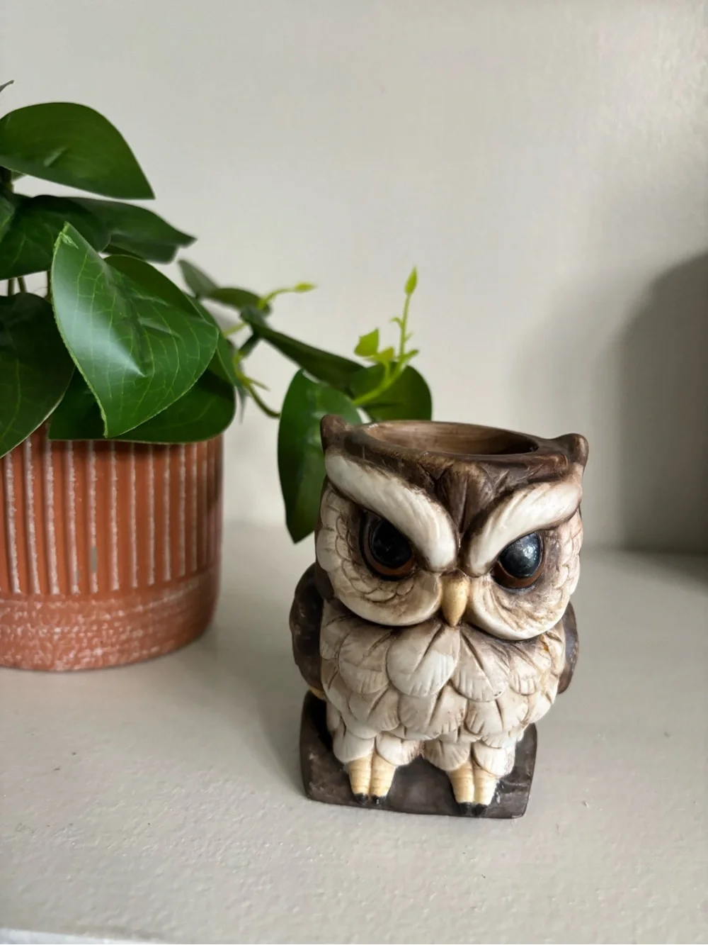 Vintage Mcm retro ceramic grumpy owl tapered candle holder